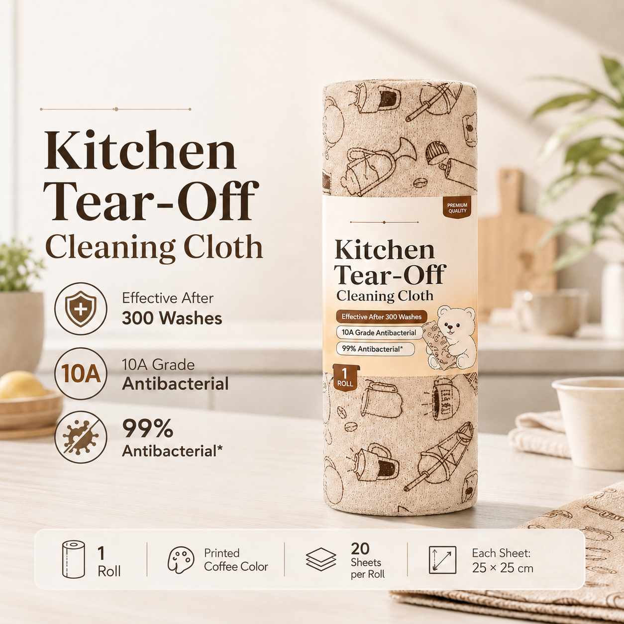 Tear-Off Multipurpose Cleaning Cloth Roll – 20 Sheets
