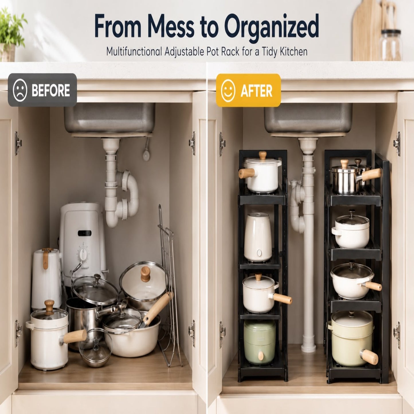 Adjustable Multi-Tier Pot & Pan Organizer Rack